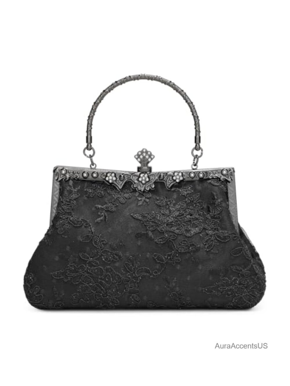Vintage Lace Floral Clutch Evening Bag with Metal Handle and Detachable Chain